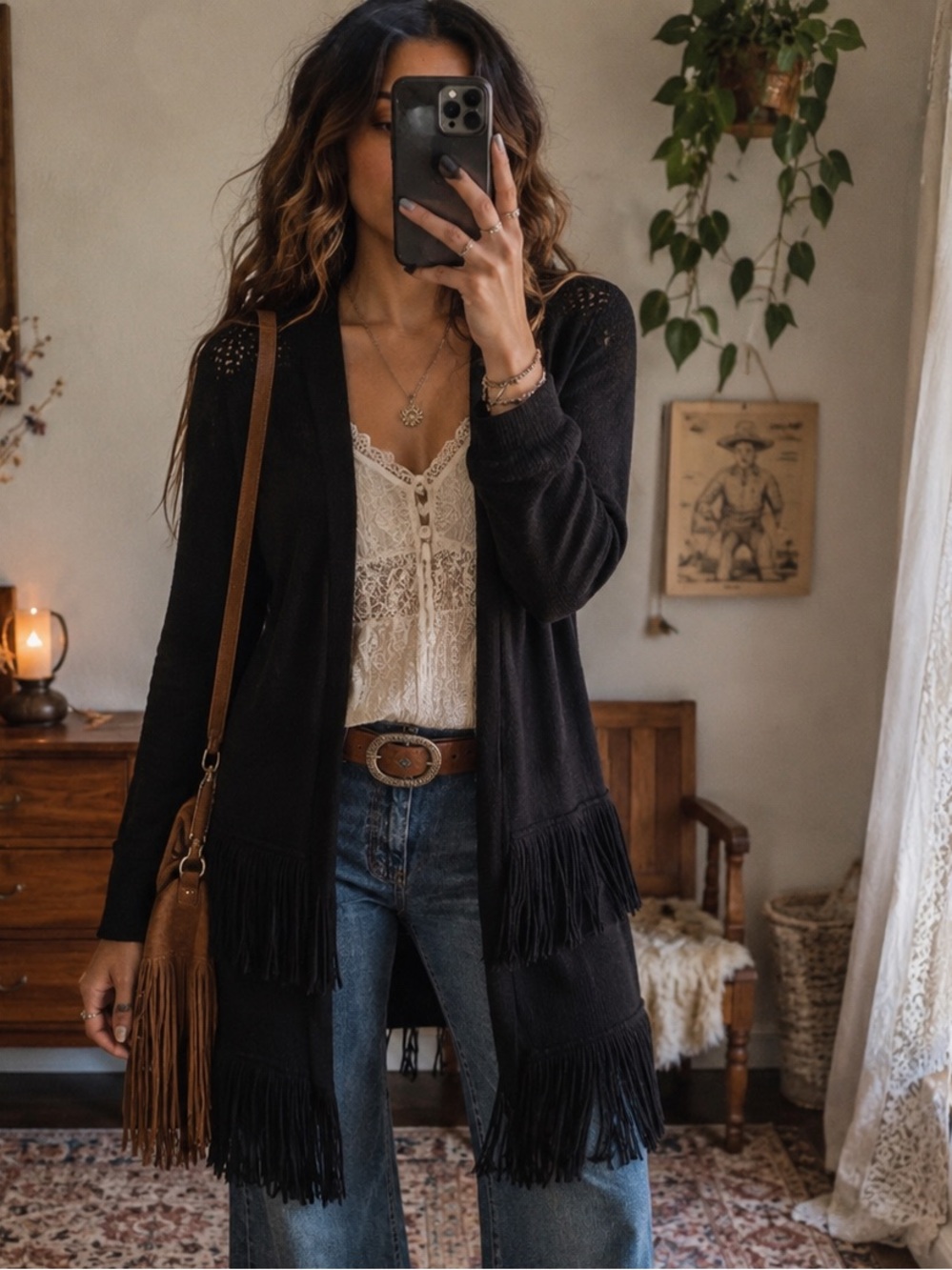 Rebecca Taylor Wool Blend Fringe Cardigan Sweater Black Open Front Long Knit S